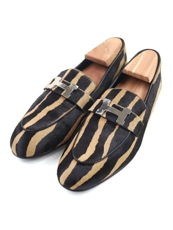 Hermes Shoes - Hermes 2021 Z Halaco H Metal Zebra Pattern Moccasin Loafers Camel Black